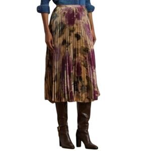 Lauren Ralph Lauren Women's Pleated Satin Midi Skirt in Tan Multi Floral Print